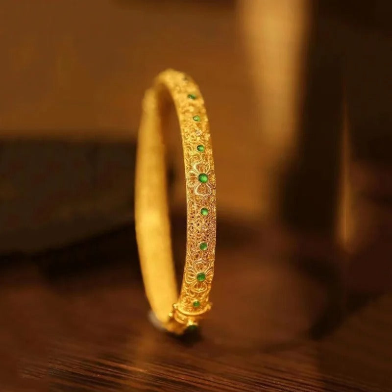 Ethnic Style Gold Green Gemstone & Floral Pattern Bangle Bracelet-Maryam Jewelry