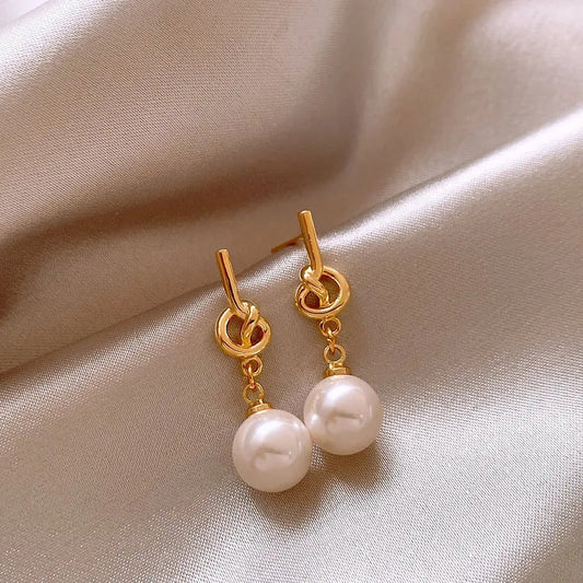 Gold & White Pearl Drop Earrings-Maryam Jewelry