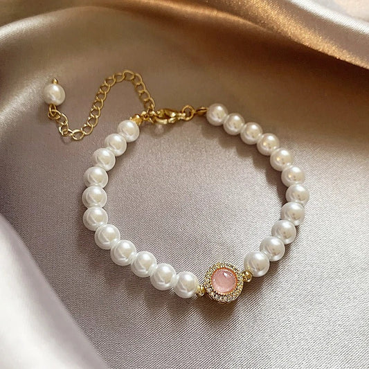 Vintage Pearl & Gold Rose Quartz Bracelet-Maryam Jewelry