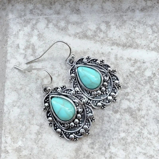 Silver Floral Turquoise Earrings-Maryam Jewelry
