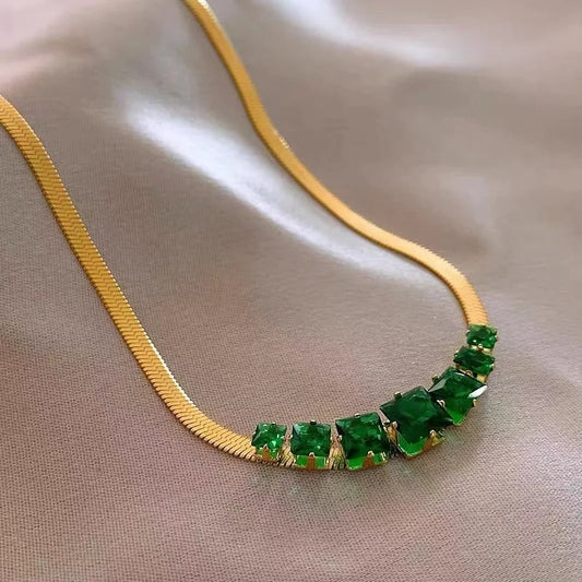 Vintage Gold Green Gemstone Statement Necklace-Maryam Jewelry