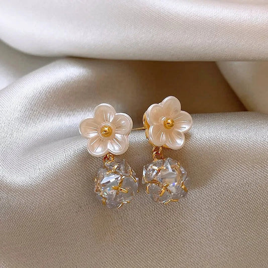 White Petals Zirconia Ball Pendant Earrings-Maryam Jewelry