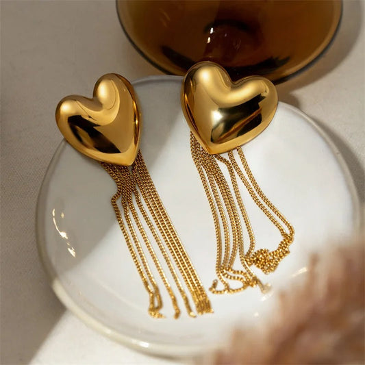 Vintage Gold Heart Cascading Chain Earrings-Maryam Jewelry