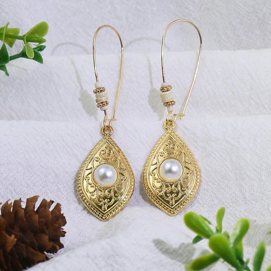 Vintage Gold Oval Pearl Earrings-Maryam Jewelry