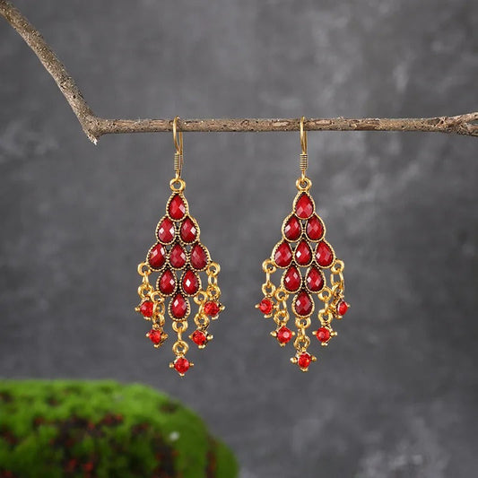 Gold Vintage Red Crystal Dangle Earrings-Maryam Jewelry