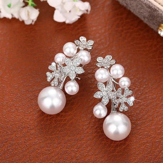 Vintage Silver Floral Pearl Earrings-Maryam Jewelry