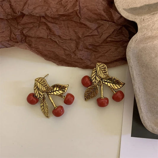 Classic Gold Red Cherry Stud Earrings-Maryam Jewelry