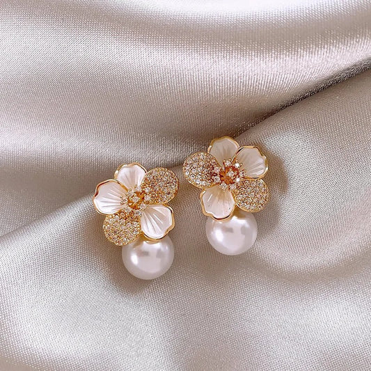 White Camellia Pearl Pendant Earrings-Maryam Jewelry