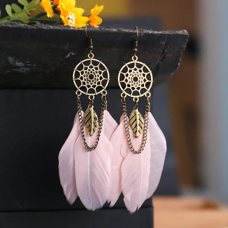 Vintage Gold Dreamcatcher & Pink Feather Earrings-Maryam Jewelry