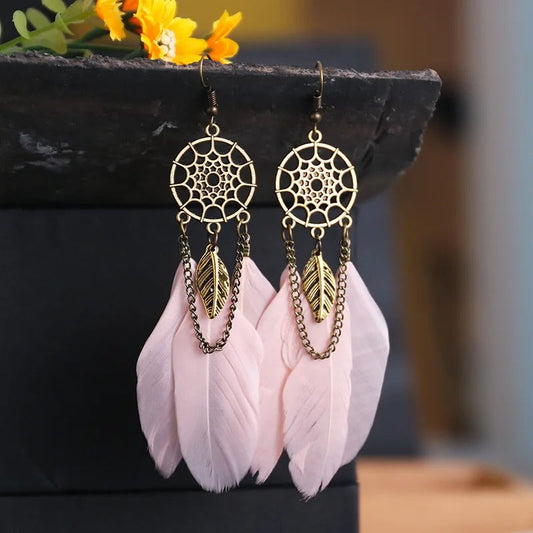 Vintage Gold Dreamcatcher & Pink Feather Earrings-Maryam Jewelry