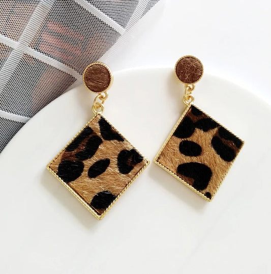 Gold & Leopard Print Stylish Square Drop Earrings-Maryam Jewelry