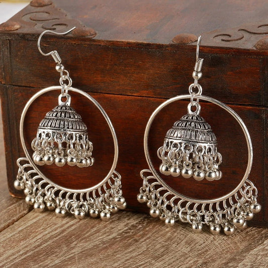 Vintage Silver Hoop & Bell Earrings-Maryam Jewelry