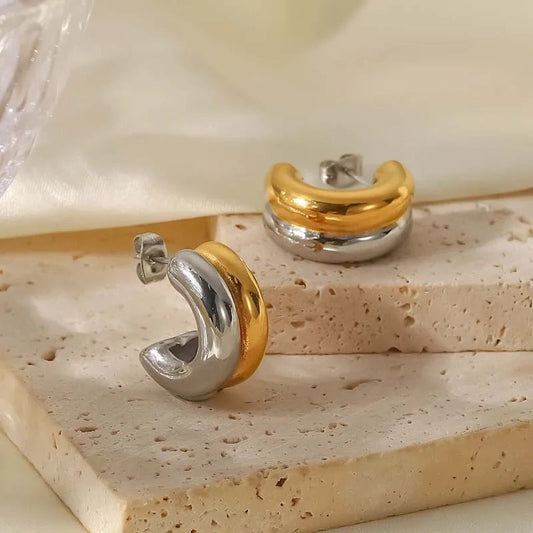 Vintage Gold & Silver Curved Hoop Earrings-Maryam Jewelry