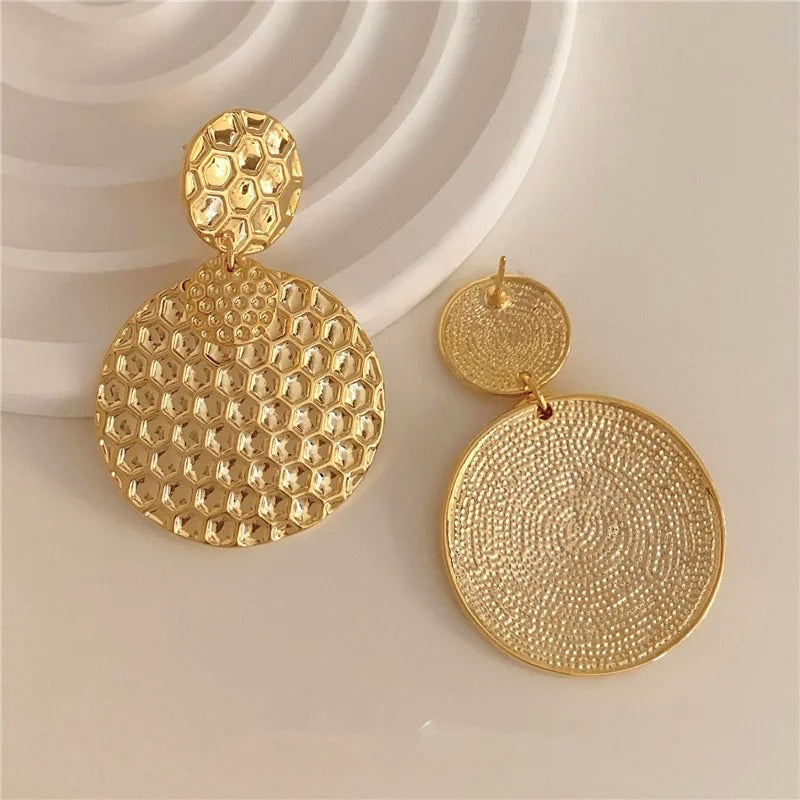 Vintage Gold Honeycomb Textured Drop Earrings-Maryam Jewelry