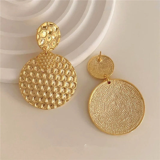 Vintage Gold Honeycomb Textured Drop Earrings-Maryam Jewelry