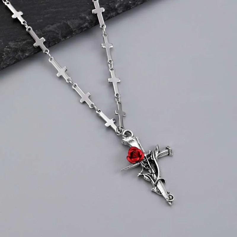 Silver Cross Pendant & Red Rose Necklace-Maryam Jewelry