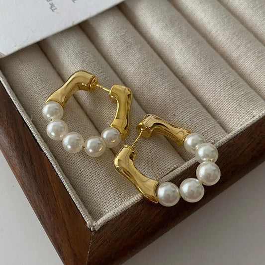 Vintage Gold & Pearl Beaded Hoop Earrings-Maryam Jewelry