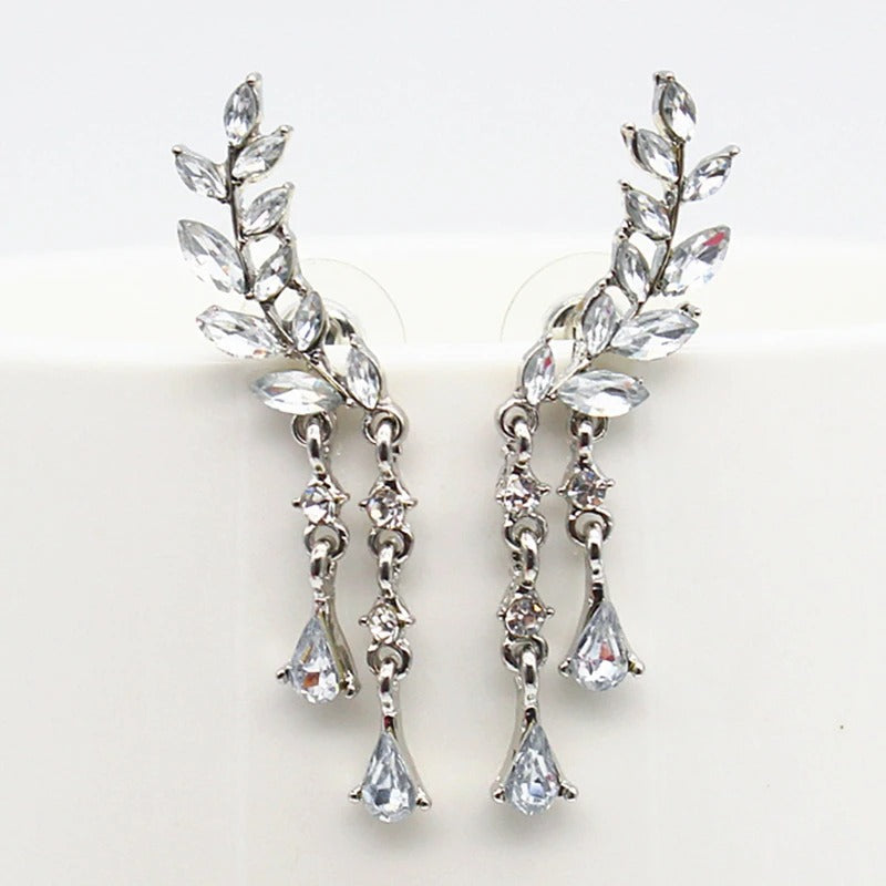 Silver Leaf Design Crystal Drop Earrings-Maryam Jewelry
