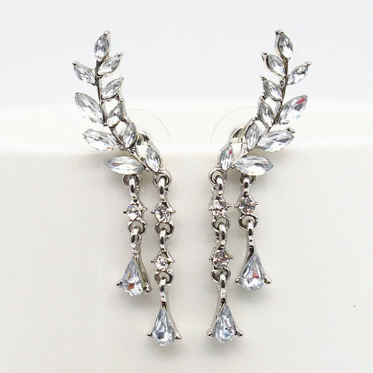 Silver Leaf Design Crystal Drop Earrings-Maryam Jewelry