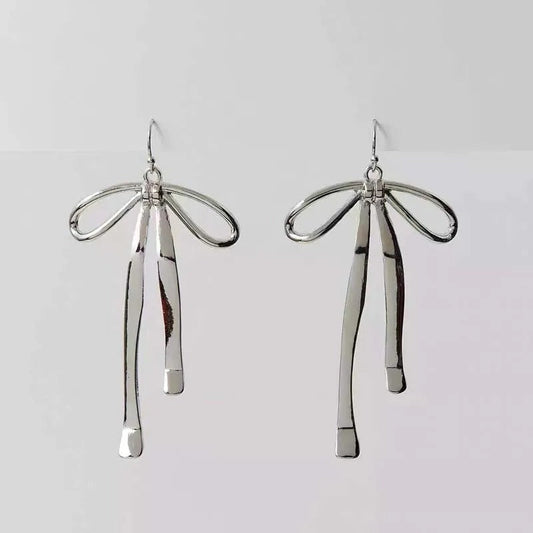 Silver Bow-Detail Long Dangle Drop Earrings-Maryam Jewelry