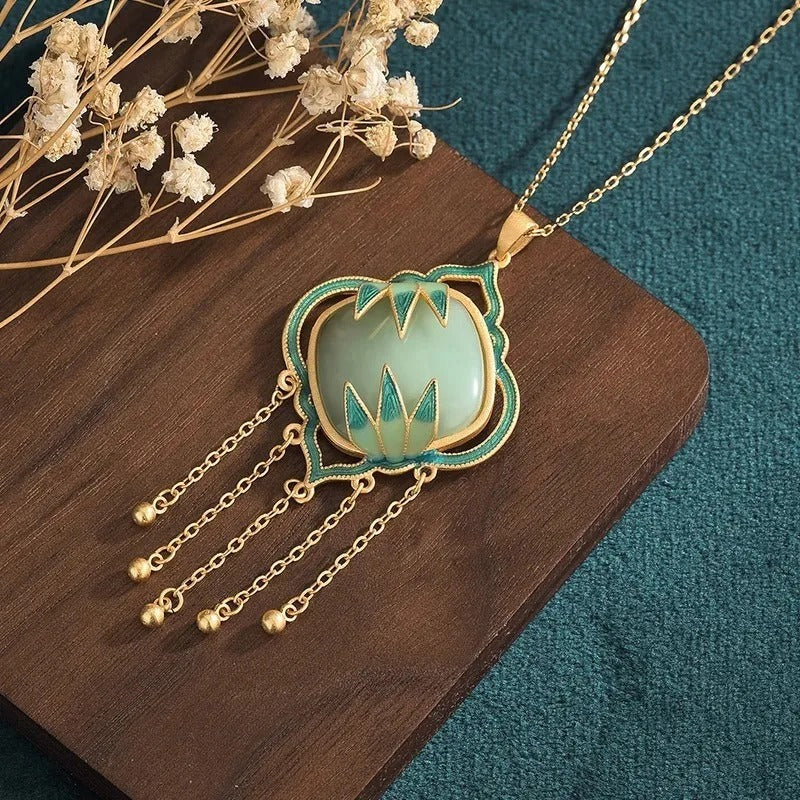Vintage Gold Bamboo Leaf Green Square Pendant Necklace-Maryam Jewelry