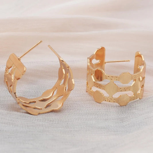 Gold Wide C-Shaped Dangle Earrings-Maryam Jewelry