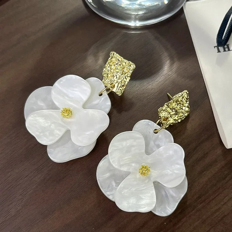 Vintage Gold & White Flower Pendant Dangle Earrings-Maryam Jewelry