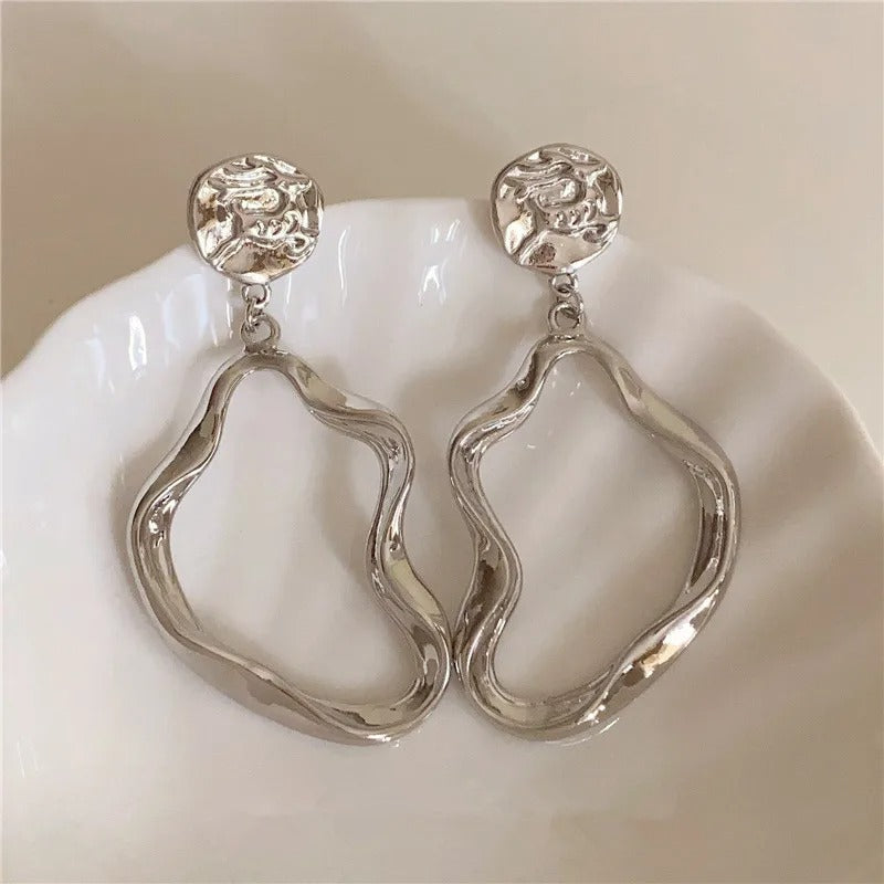 Silver Contemporary Wave Circle Drop Earrings-Maryam Jewelry