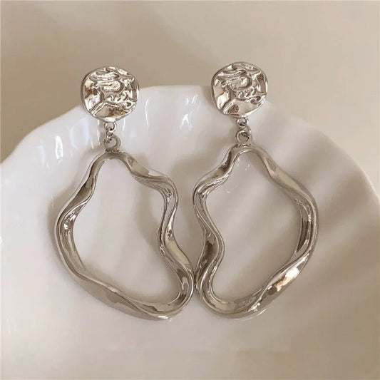 Silver Contemporary Wave Circle Drop Earrings-Maryam Jewelry