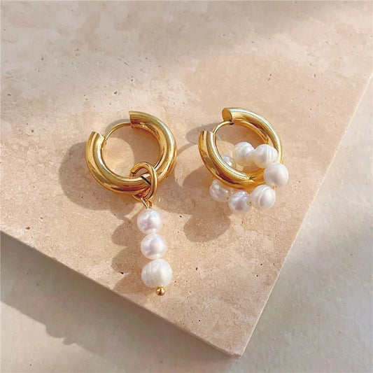 Gold Asymmetric Natural Freshwater Pearl Hanging Earrings-Maryam Jewelry