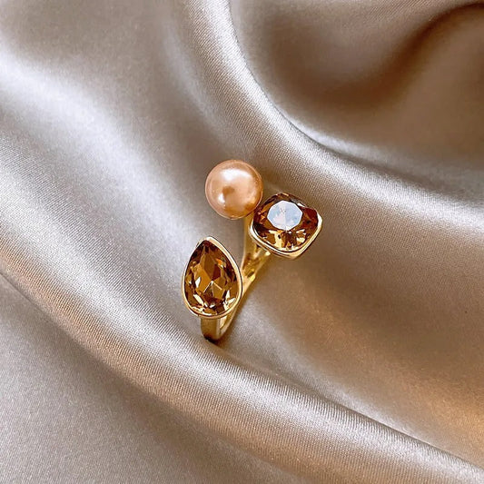 Vintage Crystal Champagne Pearl Adjustable Ring-Maryam Jewelry
