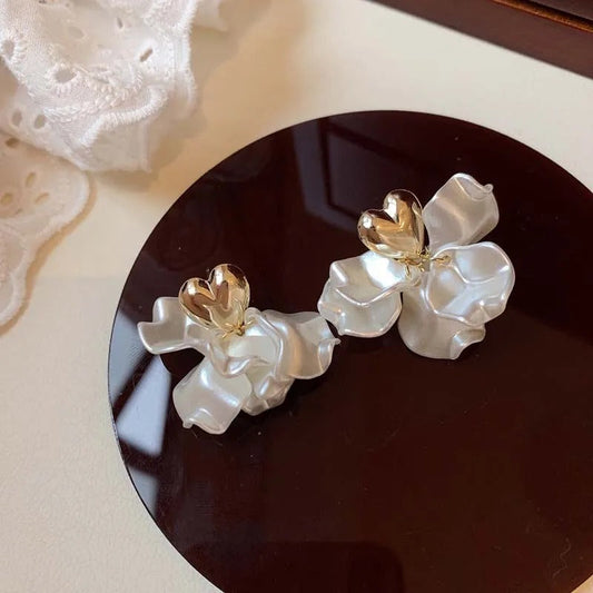 Vintage Gold Heart Pearl Flower Earrings-Maryam Jewelry