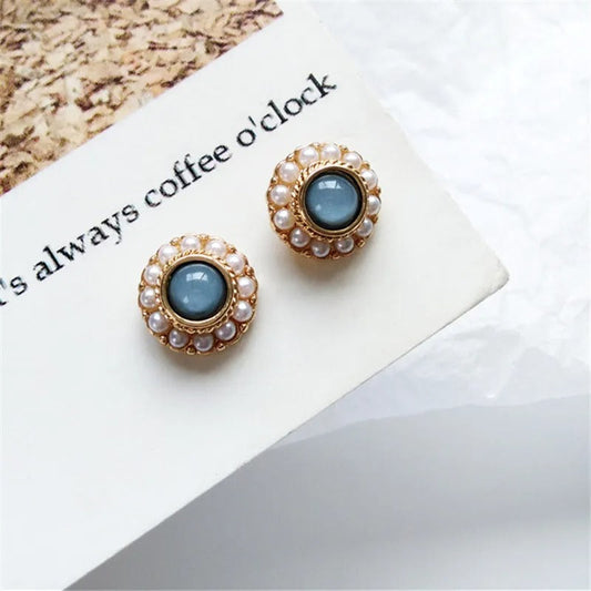 Vintage Gold & Pearl Blue Stone Stud Earrings-Maryam Jewelry