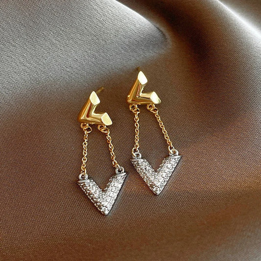 Gold & Silver V-Shaped Crystal Drop Earrings-Maryam Jewelry