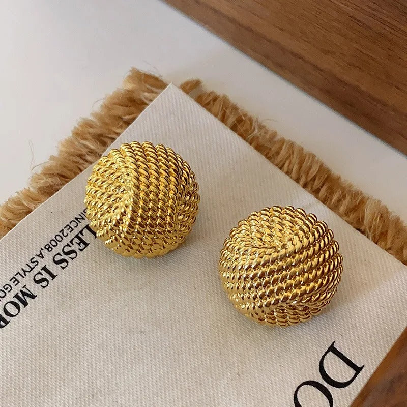 Gold Woven Knot Ball Stud Earrings-Maryam Jewelry