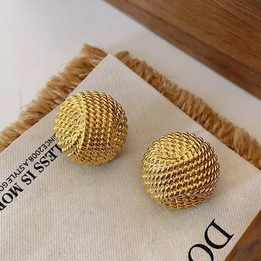 Gold Woven Knot Ball Stud Earrings-Maryam Jewelry