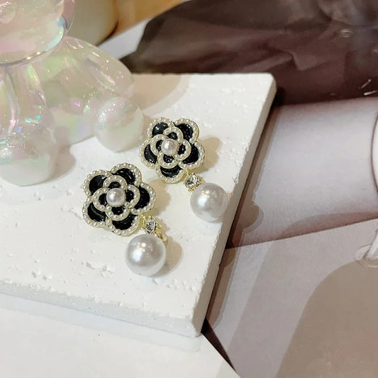 Pearl Black Mini Beads Flower Vintage Earrings-Maryam Jewelry