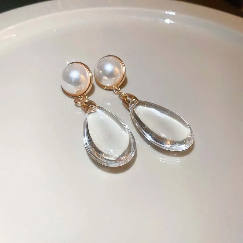 Classic Gold Pearl Big Crystal Pendant Earrings-Maryam Jewelry
