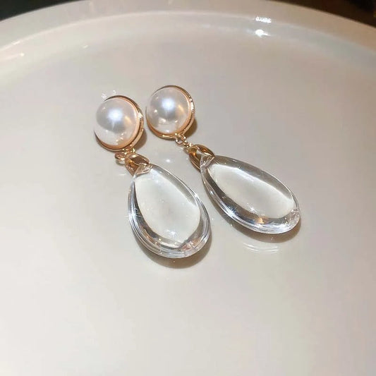 Classic Gold Pearl Big Crystal Pendant Earrings-Maryam Jewelry