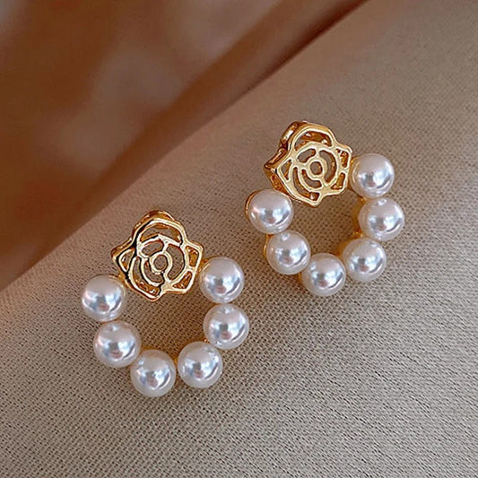 Vintage Gold & Pearl Rose Earrings-Maryam Jewelry