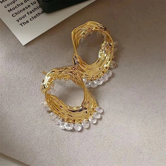 Classic Gold Crystal Drop & Sculpted Wave Earrings-Maryam Jewelry