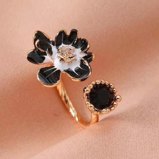 Vintage Gold Black Flower & Black Gemstone Open Ring-Maryam Jewelry