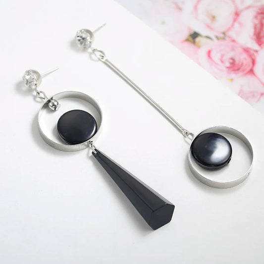 Silver Black Circle Triangle Drop Earrings-Maryam Jewelry