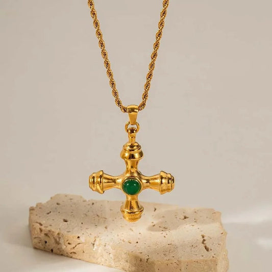 Vintage Gold Cross Pendant & Centered Green Gem Necklace-Maryam Jewelry