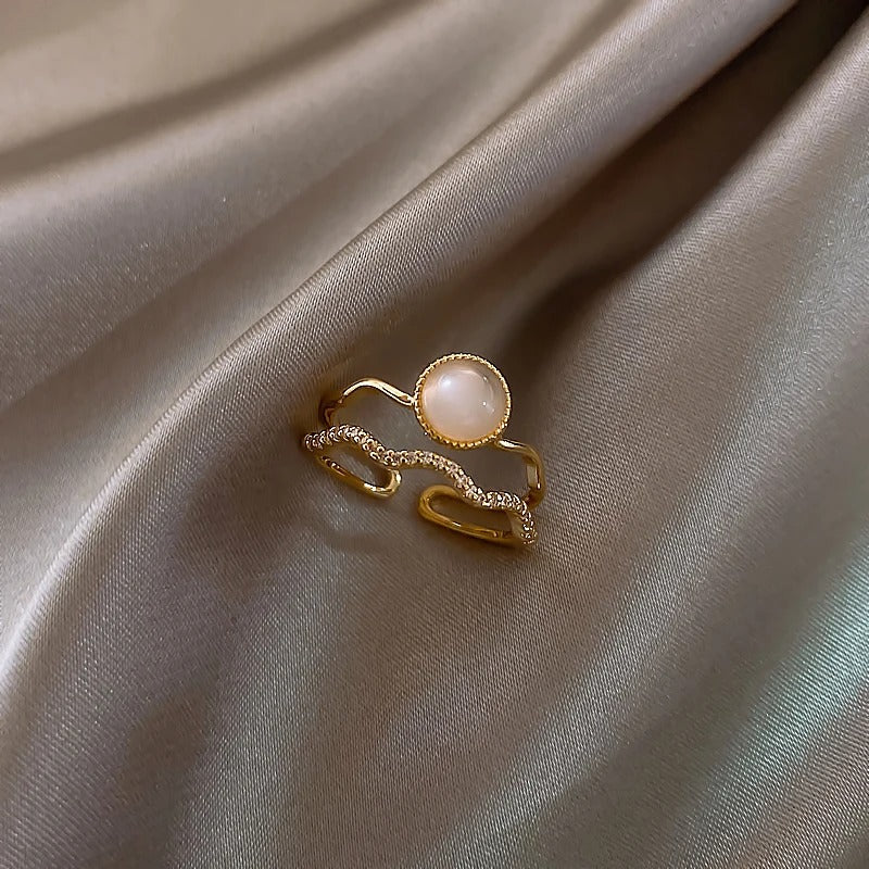 Vintage White Pearl & Gold Wave Adjustable Ring-Maryam Jewelry