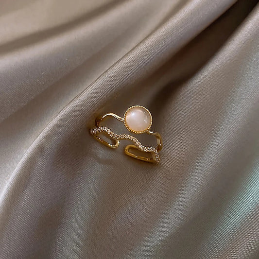 Vintage White Pearl & Gold Wave Adjustable Ring-Maryam Jewelry