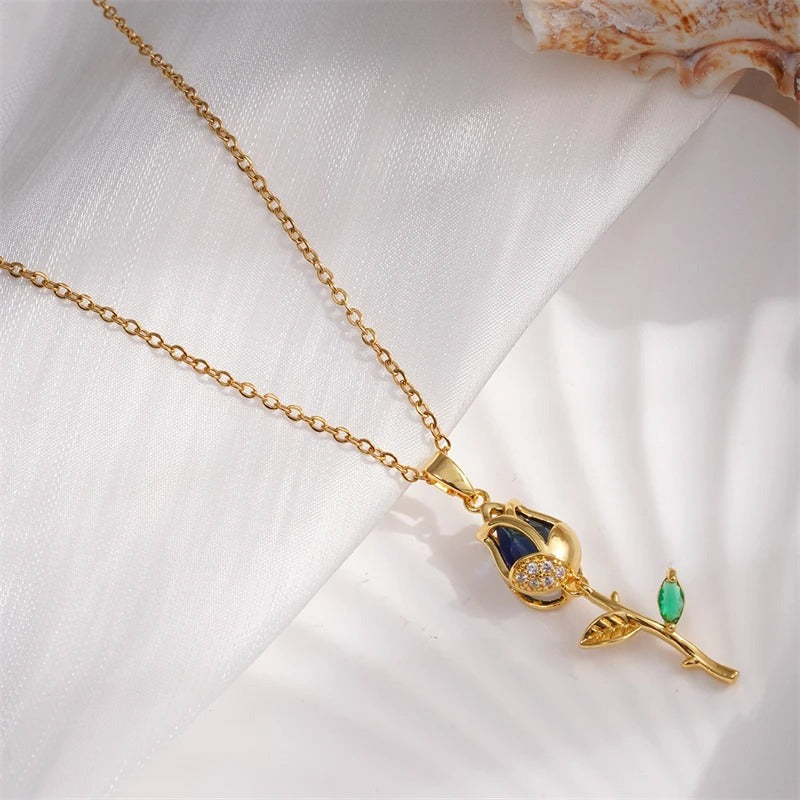 Vintage Gold Rose & Blue Gemstone Necklace-Maryam Jewelry
