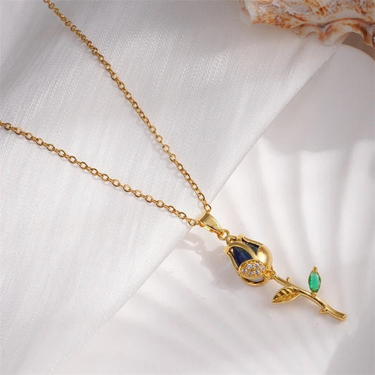 Vintage Gold Rose & Blue Gemstone Necklace-Maryam Jewelry