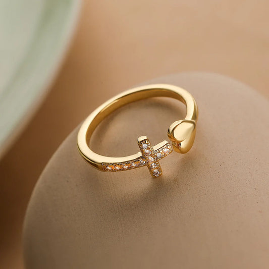 Gold Religious Cross Heart Resizable Ring-Maryam Jewelry