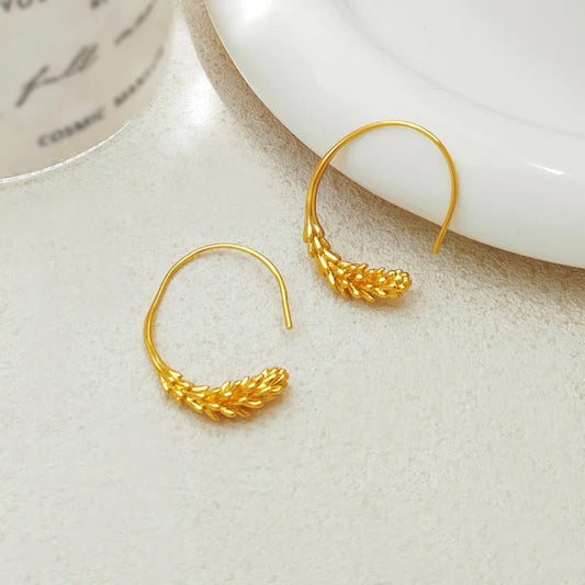 Gold Wheat Leaf Hoop Earrings-Maryam Jewelry
